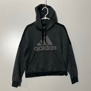 Adidas Gray Black Center Logo Cropped Casual Pull Over Hoodie Womans Size Medium